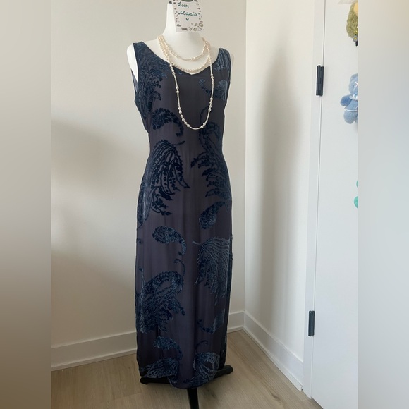 Vintage Silk Blend Navy Burnout Velvet Maxi Dress Size 8 Kay Unger